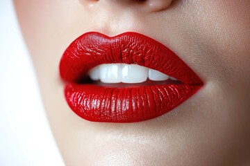 Fototapeta premium Closeup view of lips with vibrant red lipstick. Woman mouth shows healthy teeth. Beautiful makeup detail isolated against white background. Perfect for makeup ads beauty products. Attractive woman
