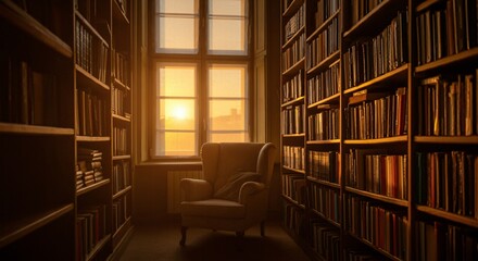 A cozy library interior with shelves full of books and a comfortable reading chair