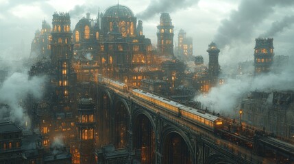 Fototapeta premium Steampunk city, train on bridge, foggy atmosphere.