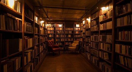 Obraz premium A cozy library interior with shelves full of books and a comfortable reading chair