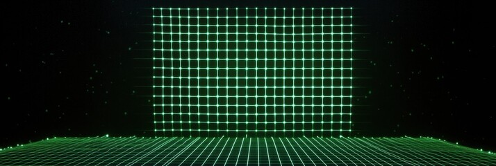 A glowing green network grid fills the space, accompanied by a simple monitor icon that represents digital connectivity and support. Generative AI