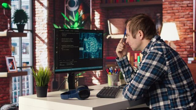 AI software developer at computer waiting for code to finish compiling, rubbing forehead with pen, feeling bored. Impatient man waits for artificial intelligence scripts to finish compiling, camera A