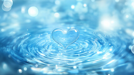 heart shaped water drop, Blue water with ripples on the surface. background