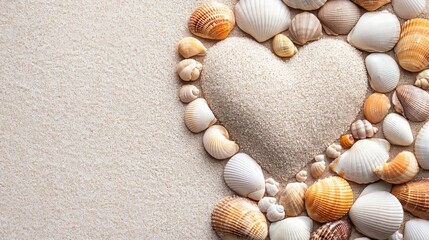 Obraz premium A sandy heart drawn on a pristine beach, bordered by seashells and lit by the golden hues of sunrise
