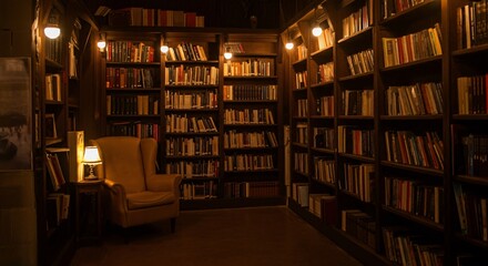 A cozy library interior with shelves full of books and a comfortable reading chair