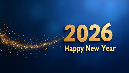 Elegant "2026 Happy New Year" in shimmering gold with sparkling accents on a dark blue background, exuding festive sophistication.
