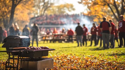 People engage in a lively tailgate gathering outdoors, grilling food and chatting cheerfully surrounded by autumn leaves