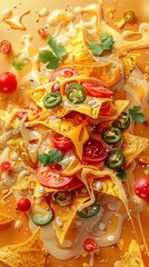 Obraz premium A visually stunning and appetizing platter of homemade Tex Mex nachos loaded with a variety of fresh and flavorful toppings such as salsa jalapenos tomatoes onions and melted cheese