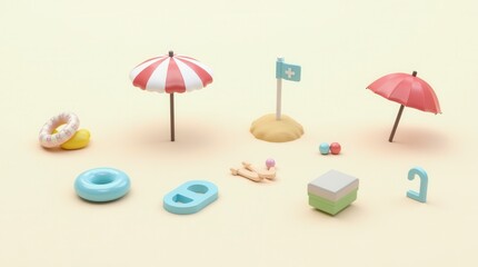 Obraz premium Summer Elements 3D Icon Set Clipart Isolated On Background, Minimal Realistic Objects For Mock-Up With Summer Theme, Beach Umbrella, Sand, Inflatable Ring, Vacation Time To Trave