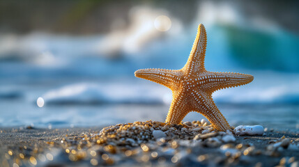 A starfish lies on the sandy shore among pebbles, with soft ocean waves lapping nearby during a tranquil sunset - Generative AI