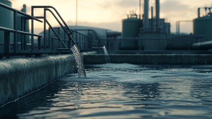 The wide-angle perspective reveals a large wastewater treatment facility with filtration pools and pipelines, reflecting the complexity of industrial water management during