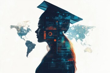 Double exposure of a digital and tech student silhouette with a graduation cap, against a white background, with graphs, charts, numbers, data, a world map, and digital elements Generative AI