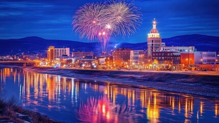 Vibrant Fireworks Display Over Cityscape Reflected in Water at Night, Illuminating Skyscrapers and Streetlights Beneath Starry Sky
