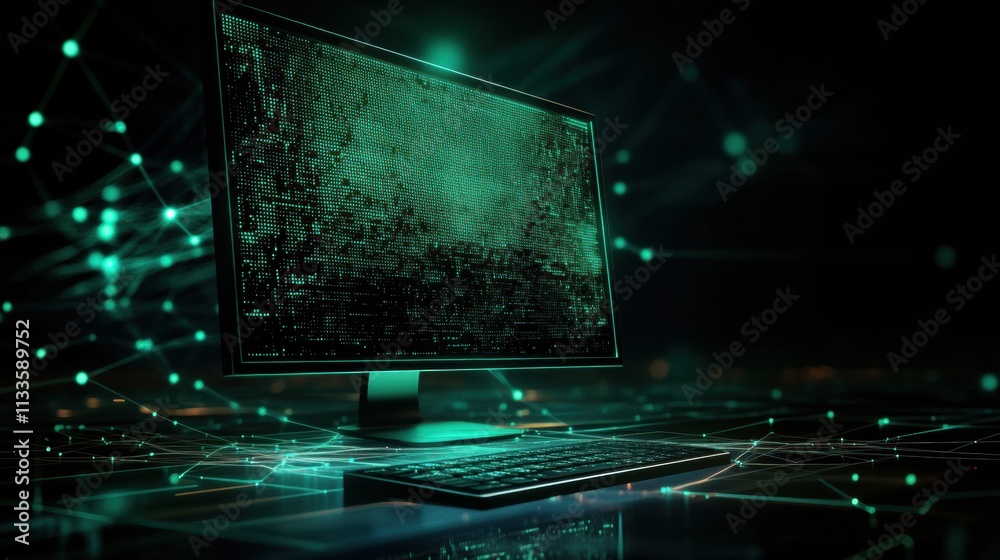 Leinwandbilder A glowing network grid surrounds a simple monitor icon, signifying digital support and connectivity in the tech world at night. Generative AI