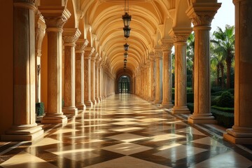 Elegant hall with polished marble floor in an Italian piazza during golden hour sunlight