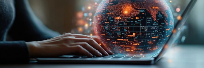Person using laptop with global communication tech interface. Hands typing on laptop keyboard. Digital representation of Earth with data overlay visible on laptop screen. International tech, software
