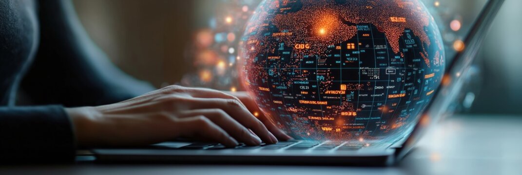 Person using laptop with global communication tech interface. Hands typing on laptop keyboard. Digital representation of Earth with data overlay visible on laptop screen. International tech, software