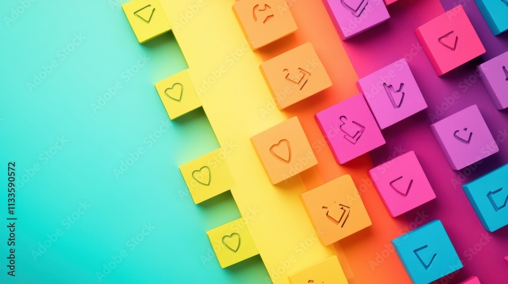 Aufkleber A lively arrangement of colorful hashtag and like icons against a bright backdrop evokes a sense of fun and connection in online spaces. Generative AI