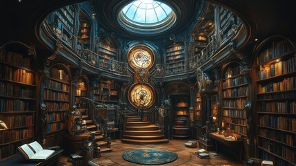 Obraz premium Circular library, ornate bookshelves, grand staircase.