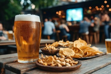 Frosty beer, snacks on rustic table. Outdoor bar scene. People watching sport on TV in blurred background. Summer evening. Casual atmosphere. Perfect for pub social gathering summer entertainment.