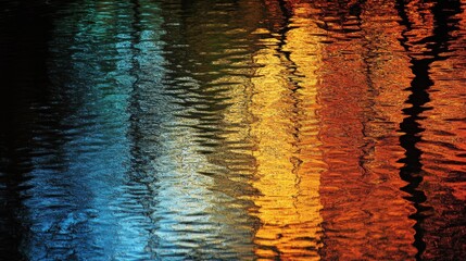 Vibrant Reflections on Water Surface Creating an Abstract Colorful Display of Blue, Yellow, and Orange Hues in Nature's Artistry at Dusk or Dawn