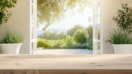 Empty light wooden table in front of open French doors. Home garden view through windows. Sunny day. Peaceful outdoor scenery. Natural light. Calm tranquil atmosphere. Relaxing home interior. Stylish