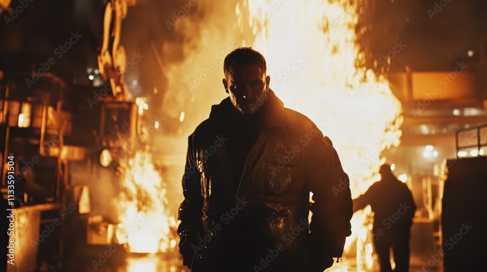 Poster molten metal is poured into casting molds, creating fiery sparks and flames in a bustling industrial