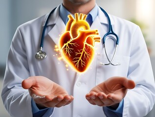 Medical doctor holding glowing virtual human heart in hands in cardio vascular system protection and health care concepts (22)