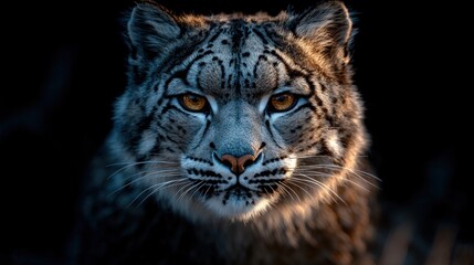 Close-up lynx portrait, golden eyes, dark background.