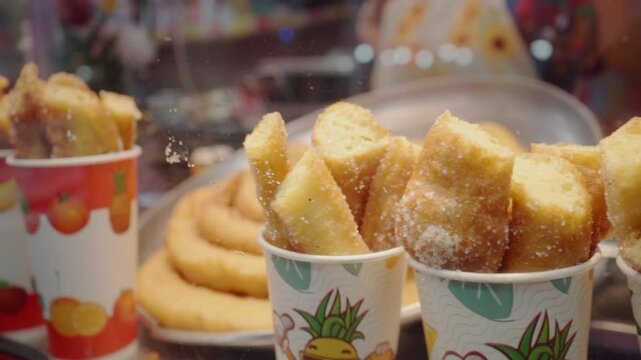 Freshly made churros, sprinkled with sugar, arranged on a tray, ready to be sold at a fair stand, emanating a delicious aroma and golden color.