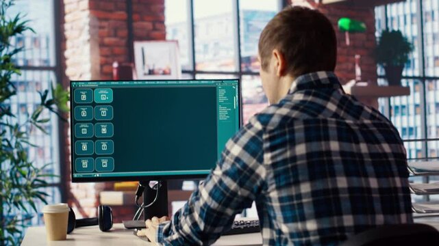 Man solving personal tasks with AI LLM chatbot answering prompts using predictive technology. Person using computer in apartment to interact with large language model program, camera B