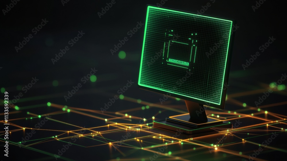 Fototapete A glowing network grid intersects with a simple monitor icon in vibrant green text, highlighting themes of digital support and connectivity. Generative AI