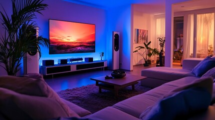 This living room showcases a plush sectional sofa and a coffee table, illuminated by soft LED lights. Minimalist art decorates the walls
