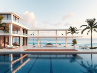 Fototapeta premium A stunning beachfront villa with modern architecture overlooking the ocean, luxury, design
