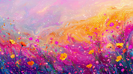 Colorful abstract flower garden with vibrant waves of pink, purple, and yellow, starry cosmic sky elements scattered throughout, magical and whimsical 
