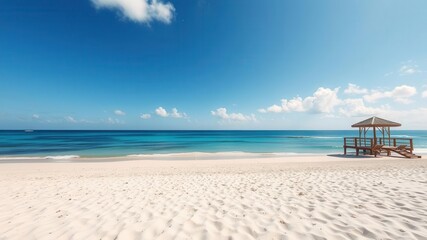 Fototapeta premium A stunning oceanfront property with a peaceful sandy beach and clear blue waters, perfect for a relaxing coastal getaway, sea, serene