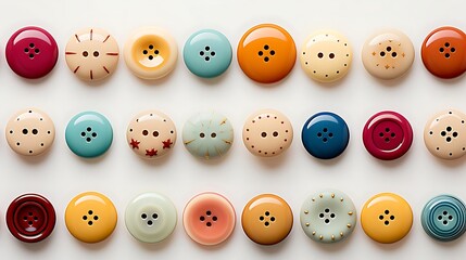 Obraz premium Colorful sewing buttons arranged in rows on white background.