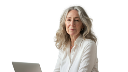 American senior female Employee IT specialist sit at work with laptop on white background
