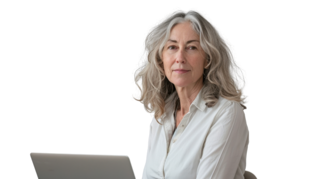 American senior female Employee IT specialist sit at work with laptop on white background