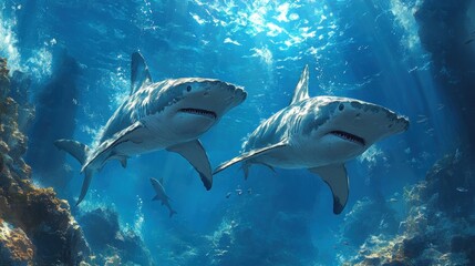 Obraz premium Two sharks swim in sunlit ocean depths.