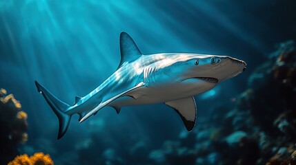 Obraz premium Gray reef shark swims, sunlit ocean.