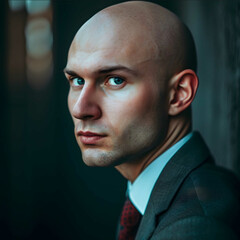 close up photo of a man face in business theme from russia bald man 25 yo