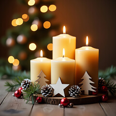 Złote świece bożonarodzeniowe i czerwone kulki oświetlają świąteczne drzewko, rzucając ciepły blask świec na okres świąteczny