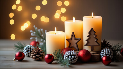 Złote świece bożonarodzeniowe i czerwone kulki oświetlają świąteczne drzewko, rzucając ciepły blask świec na okres świąteczny