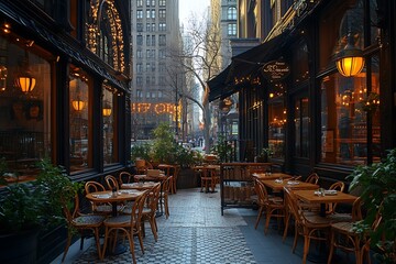 A charming and elegant outdoor cafe in a bustling city setting, with tables and chairs set on a narrow sidewalk, inviting patrons to enjoy the warmth of the evening ambiance and delicious food.