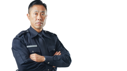 A police officer caucasian asian middle age man on white background

