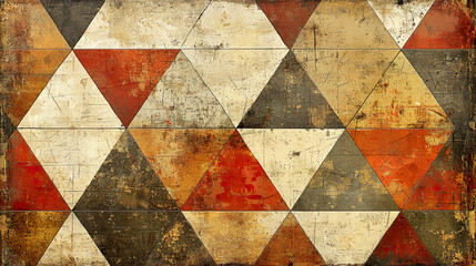Intricate vintage-style geometric pattern, warm earthy tones, distressed textures, triangular shapes 