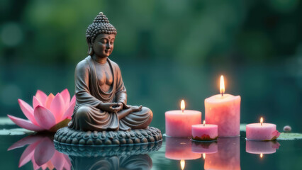 Fototapeta premium A Buddha statue sits in meditation near floating pink lotus flower and candles with a soft, bokeh background. Concept of enlightenment. Vesak day.