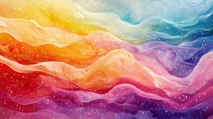 Rainbow-colored waves flowing softly, dotted with white starry accents and cosmic speckles, abstract ethereal landscape 