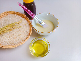 Natural rice face mask. Anti aging face mask from rice flour, honey and olive oil. Natural facial care concept